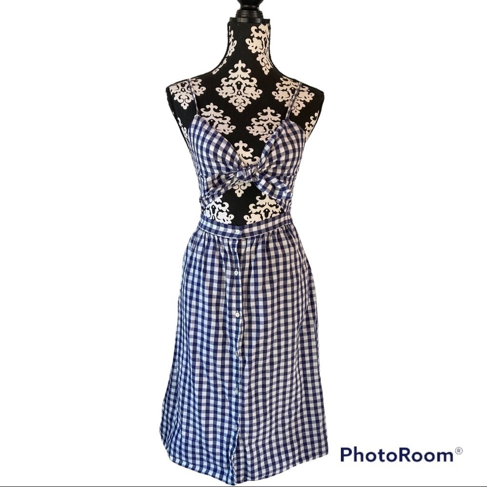 ZARA New Women's Dress Blue White Checkers‎ Zipper Tie Bust Size Small